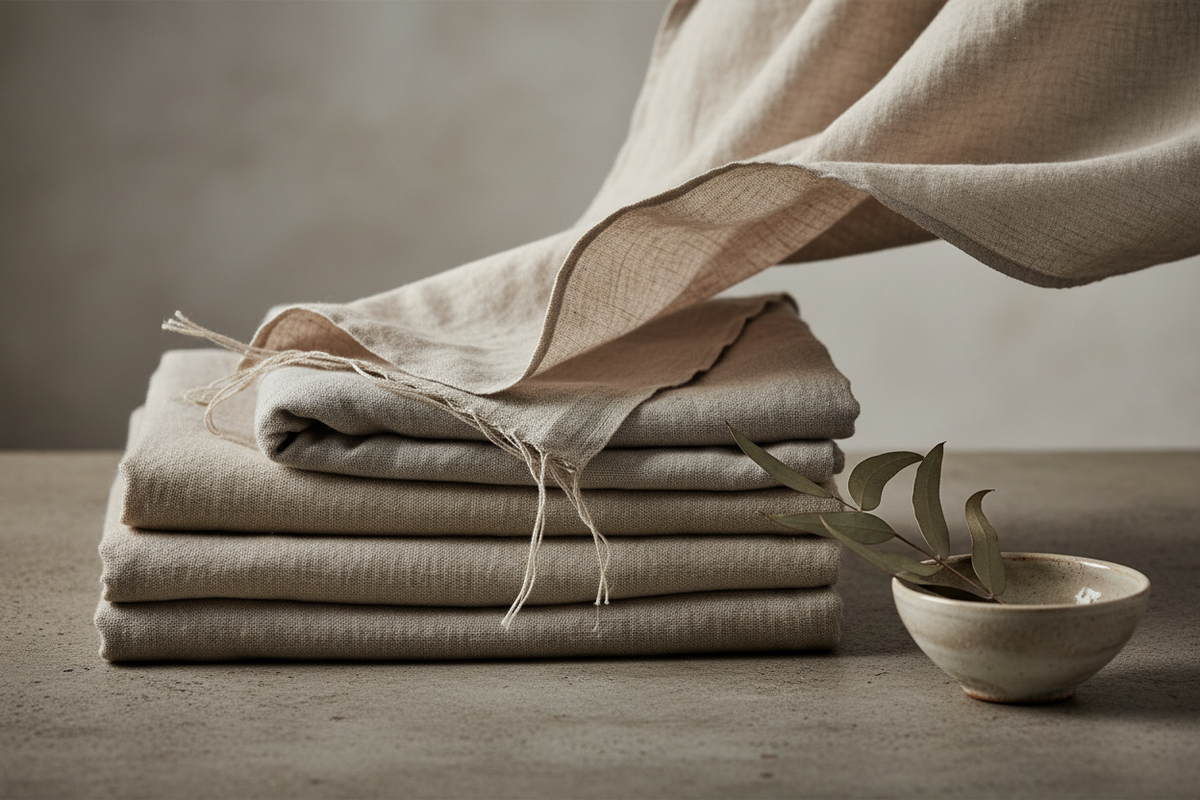Photorealistic still life of carefully folded neutral cotton and linen fabrics on a concrete surface under soft daylight. A gentle breeze creates a subtle motion in the top layer. Monochrome beige and warm grey tones, balanced composition, shallow depth of field, minimalist editorial luxury aesthetic.