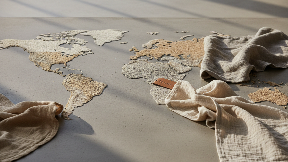 Ultra-photorealistic editorial composition symbolizing global craftsmanship and responsible sourcing. A world map subtly outlined in soft shadows across a concrete surface, with delicate cotton and linen fabrics placed at different regions. Gentle daylight from the side, calm beige and warm grey palette, soft motion in light reflections, cinematic depth of field, luxury minimal aesthetic, same tone as previous Jermis visuals.